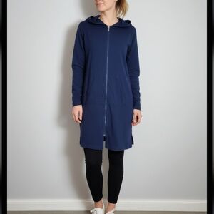 Lands' End Women's Navy Hooded Trench Coat Lightweight Cotton Full Zip M.
